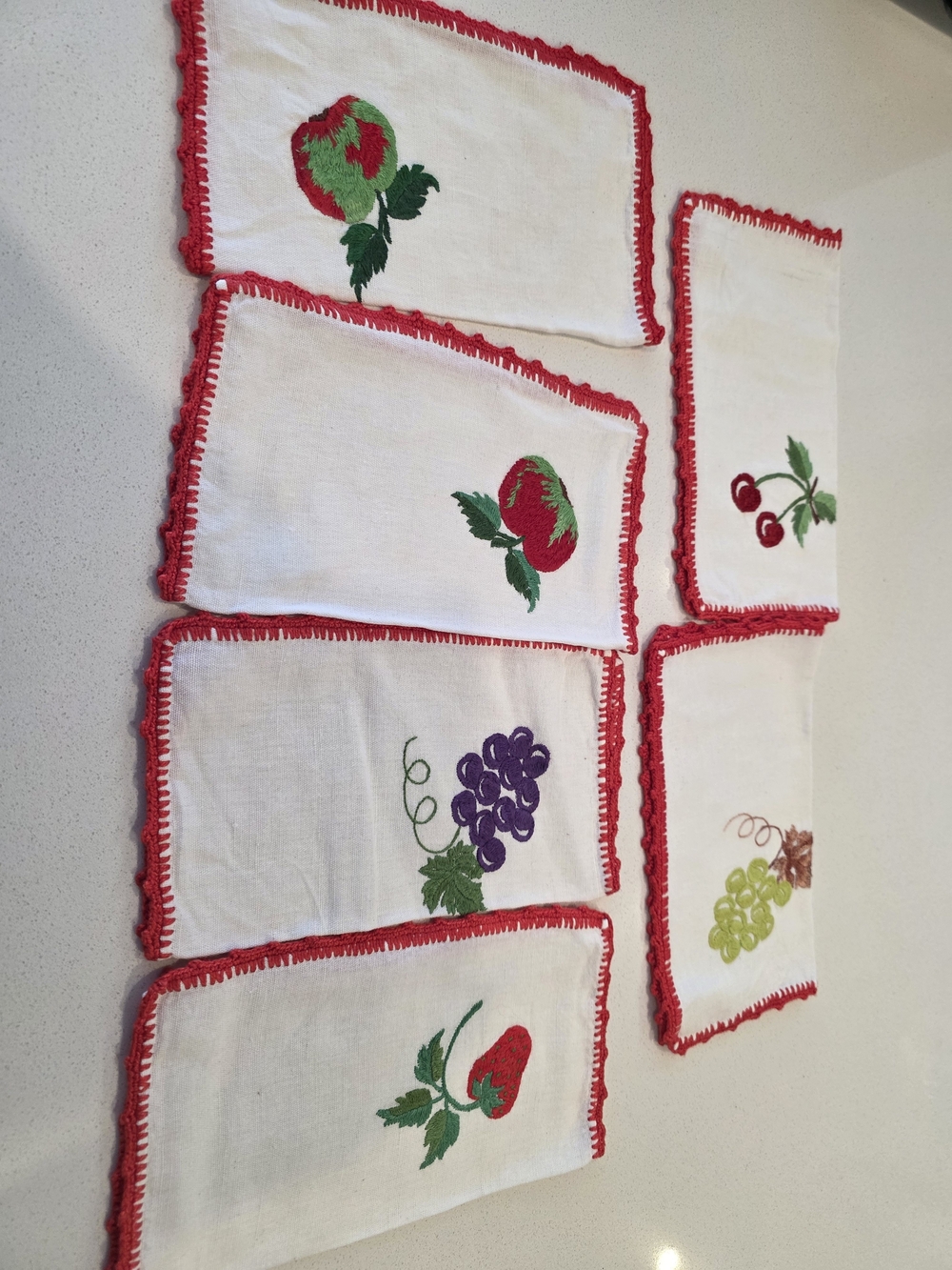 Vintage Fruit Embroidered Cocktail Napkins - Red Trim